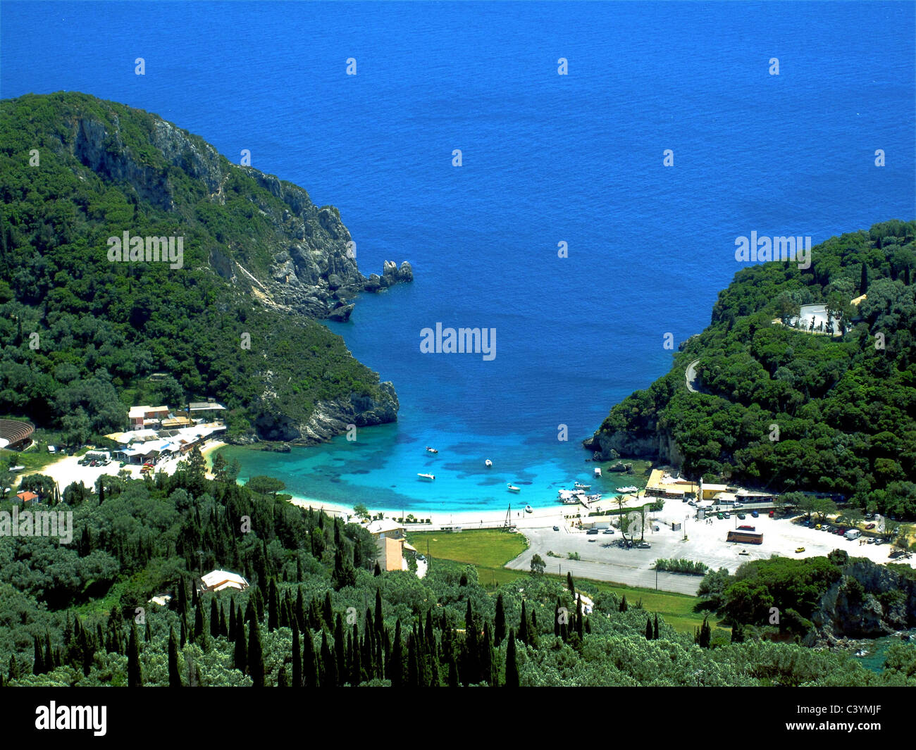 Greece, Corfu, Paleokastritsa, sea, bay, green, blue, forest Stock Photo
