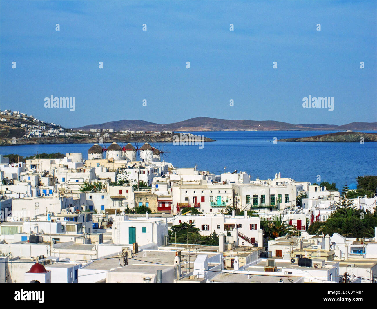 Europe, Greece, Greek Islands, Mykonos, aegean mediterranean, Cyclades Hora, white, painted, stucco, houses, architecture, view, Stock Photo