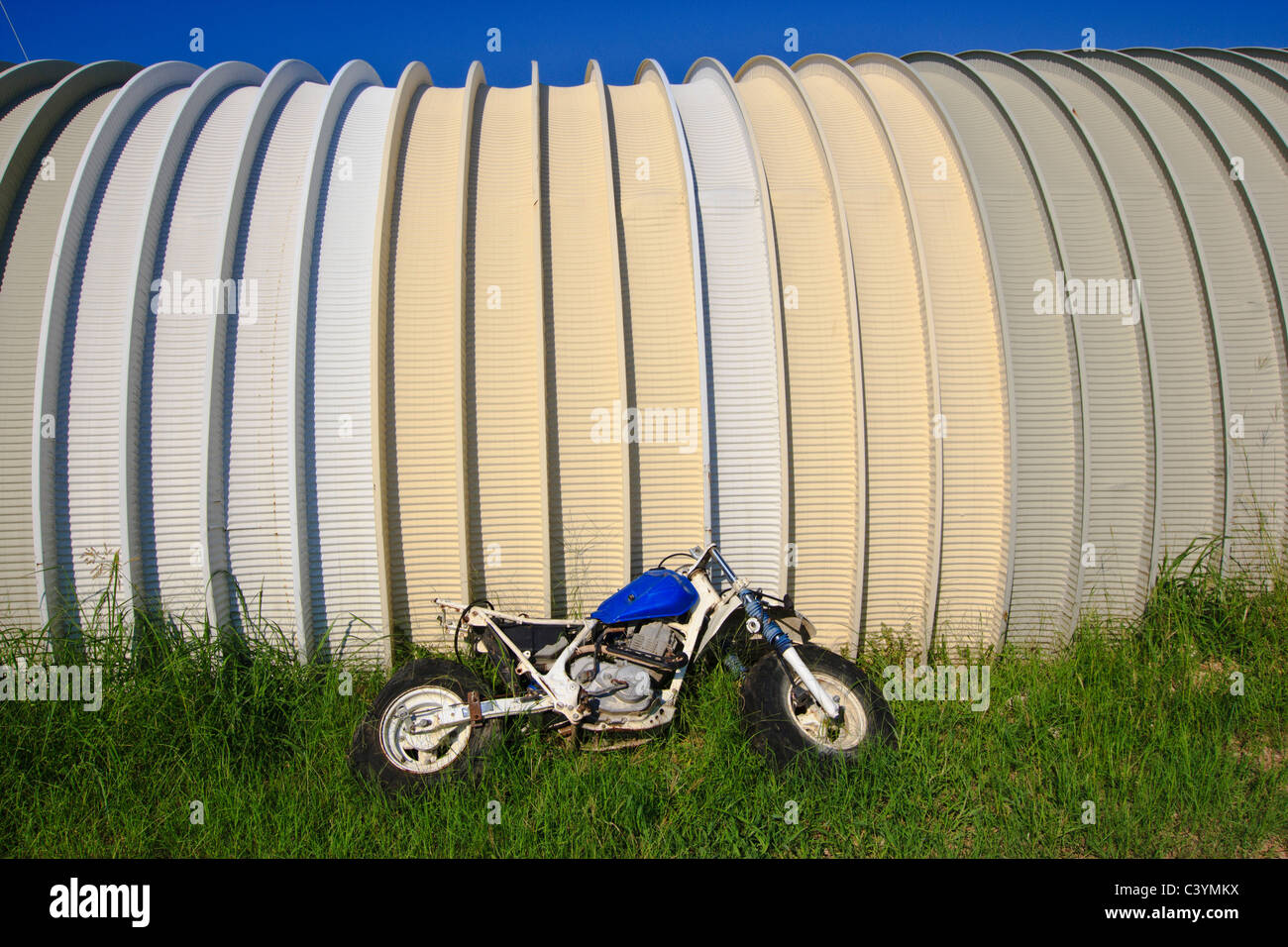 motorbike, Monolithic Domes, Cabins, TX, Texas, USA, United States, America, abandoned motorcycle, USA Stock Photo