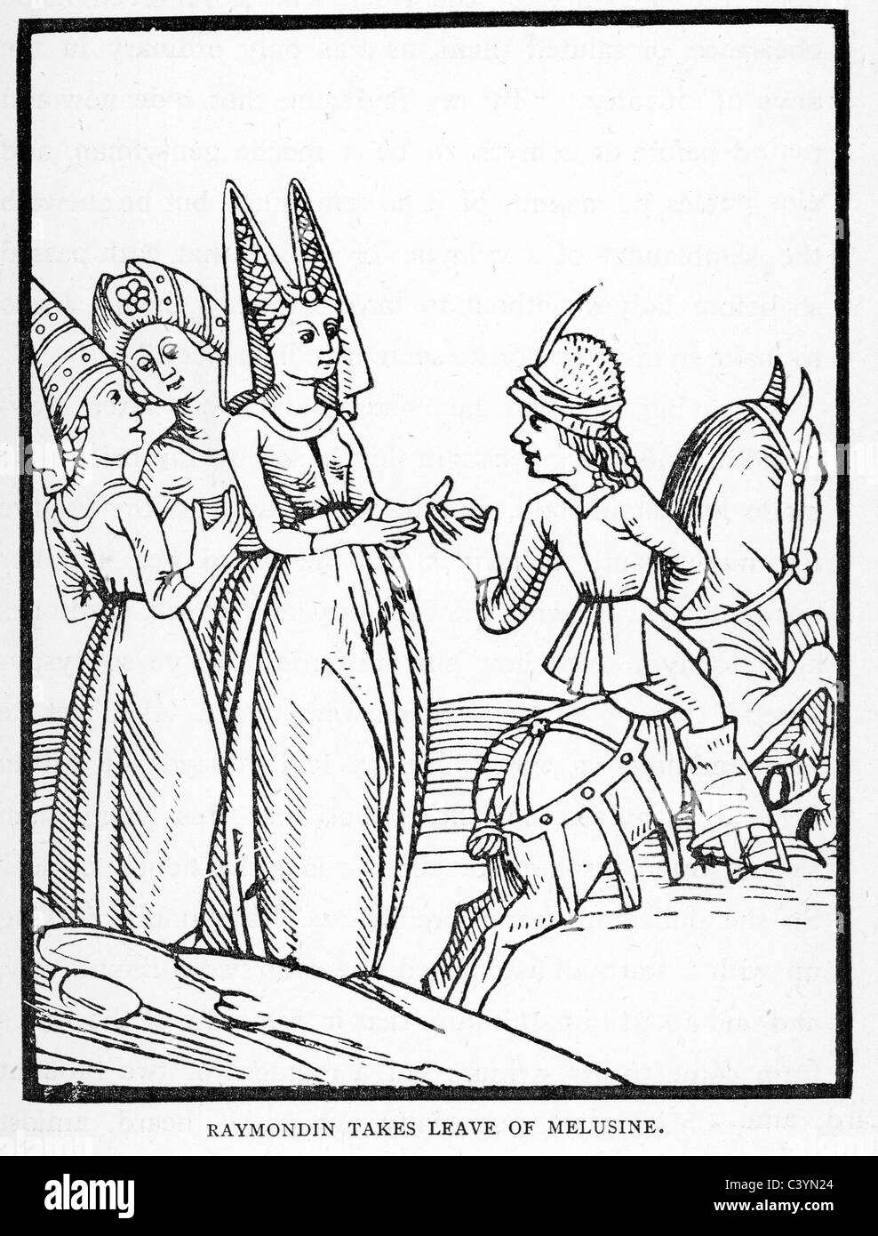 Medieval woodcut from the story of Melusine. Raymond takes leave of Melusine Stock Photo