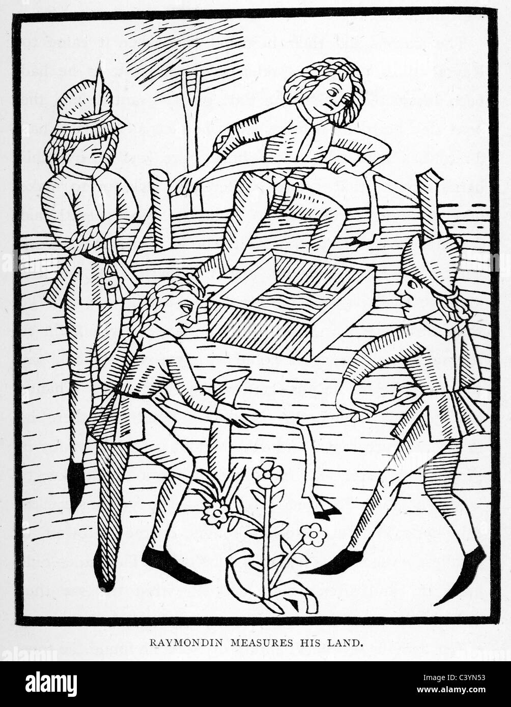 Medieval woodcut from the story of Melusine.  Raymondin measures his land Stock Photo