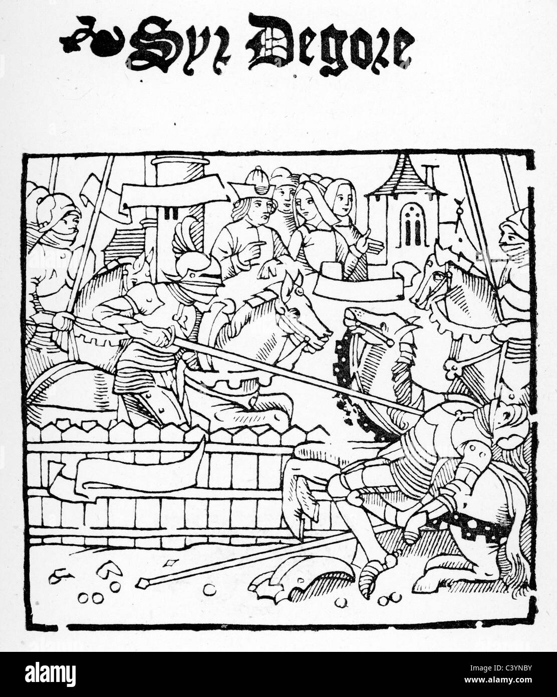 Medieval woodcut showing a scene from Sir Degaré an anonymous Middle English narrative poem Stock Photo