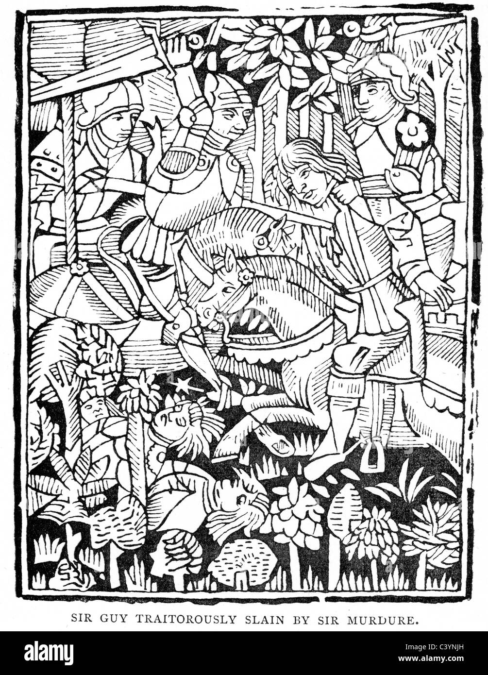 Medieval woodcut from the story of Sir Bevis of Hampton.  Sir Guy is traitorously slain by Sir Murdure Stock Photo
