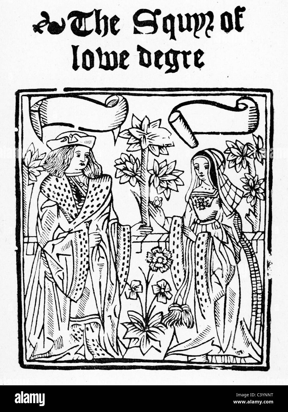 Medieval woodcut showing a scene from the The Squire of Low Degree Stock Photo