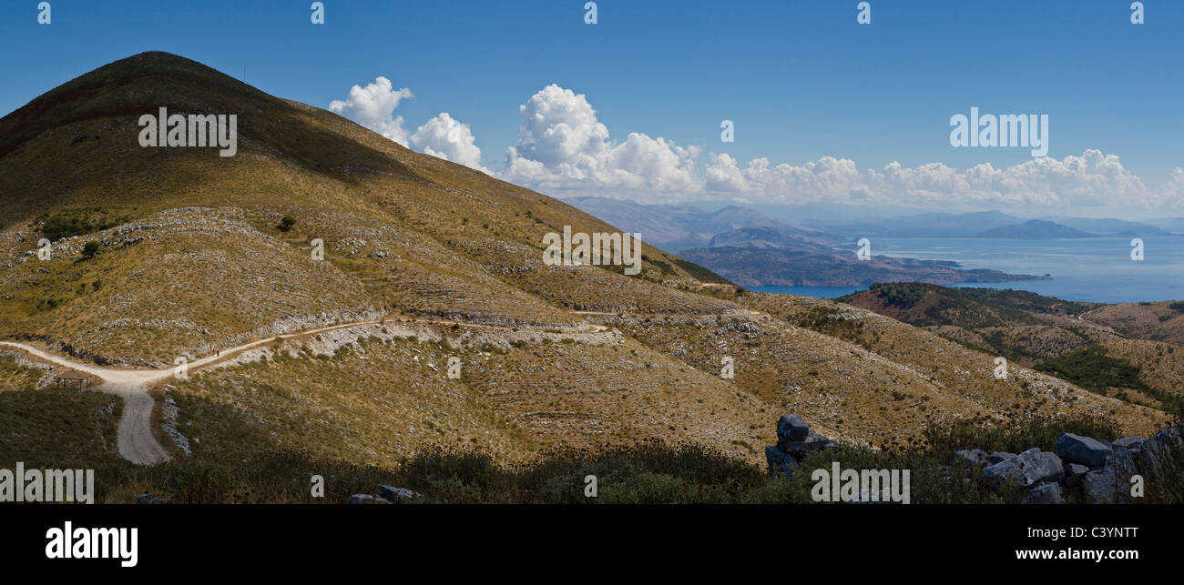 Albanian coast, from Mount Pantokrator, Corfu, Europe, Greece, landscape, field, meadow, summer, mountains, hills, Stock Photo