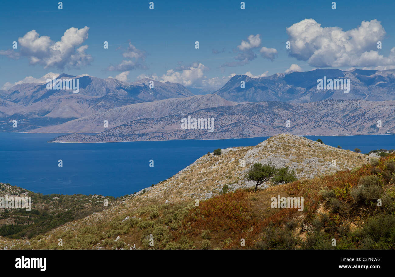 Albanian coast, from Mount Pantokrator, Corfu, Europe, Greece, landscape, water, summer, mountains, sea, Stock Photo