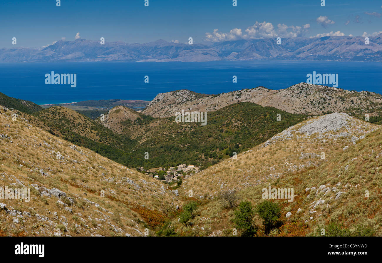 Albanian coast, from Mount Pantokrator, Palia Perithia, Corfu, Europe, Greece, landscape, water, summer, mountains, sea, Stock Photo