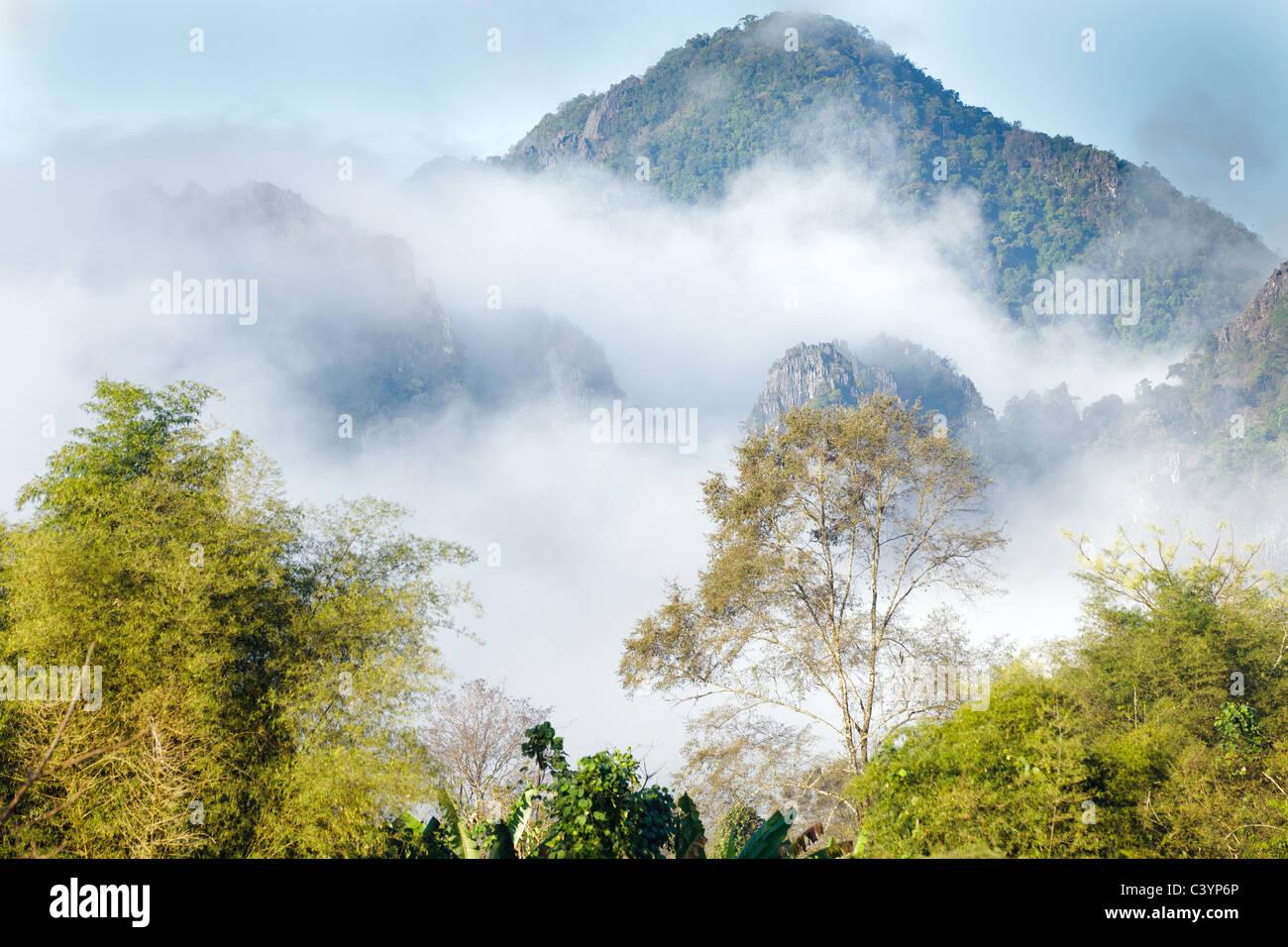 morning moutain landscape scenery in vang vieng, laos Stock Photo
