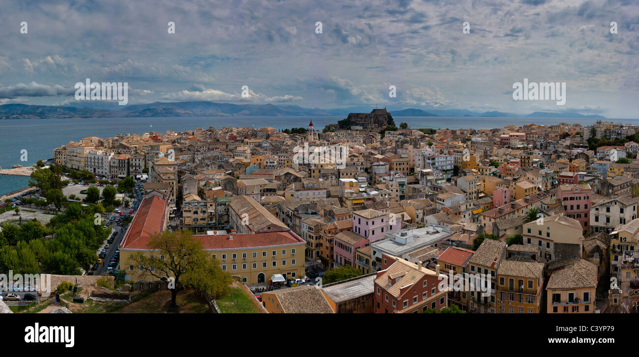 Overview, Corfu town, Kerkyra, Corfu, Europe, Greece, city, village, summer, mountains, sea, ships, boat, clouds, Stock Photo
