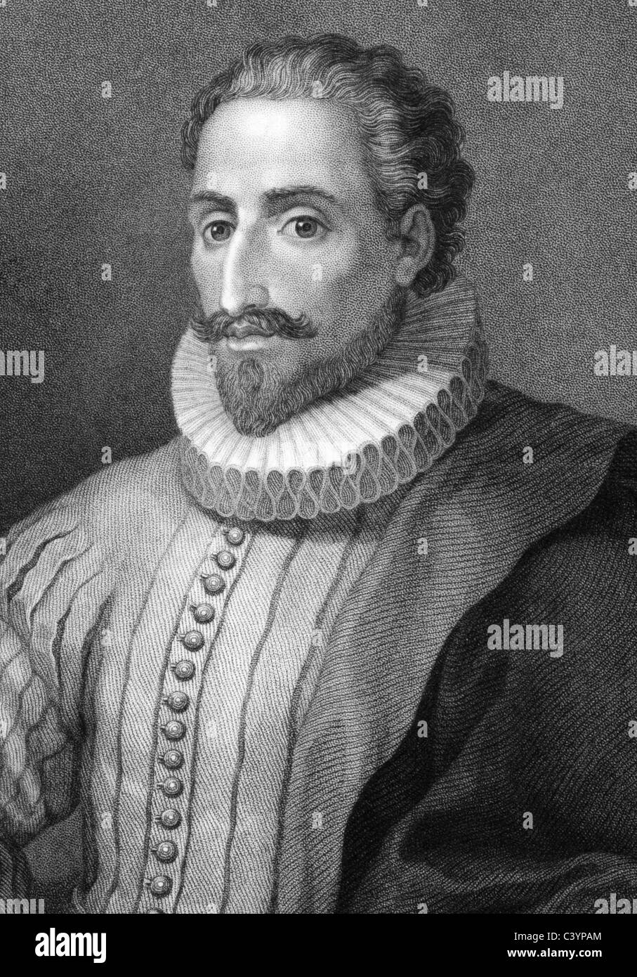 Miguel de Cervantes Saavedra (1547-1616) on engraving from 1800s. Spanish novelist, poet, and playwright. Stock Photo