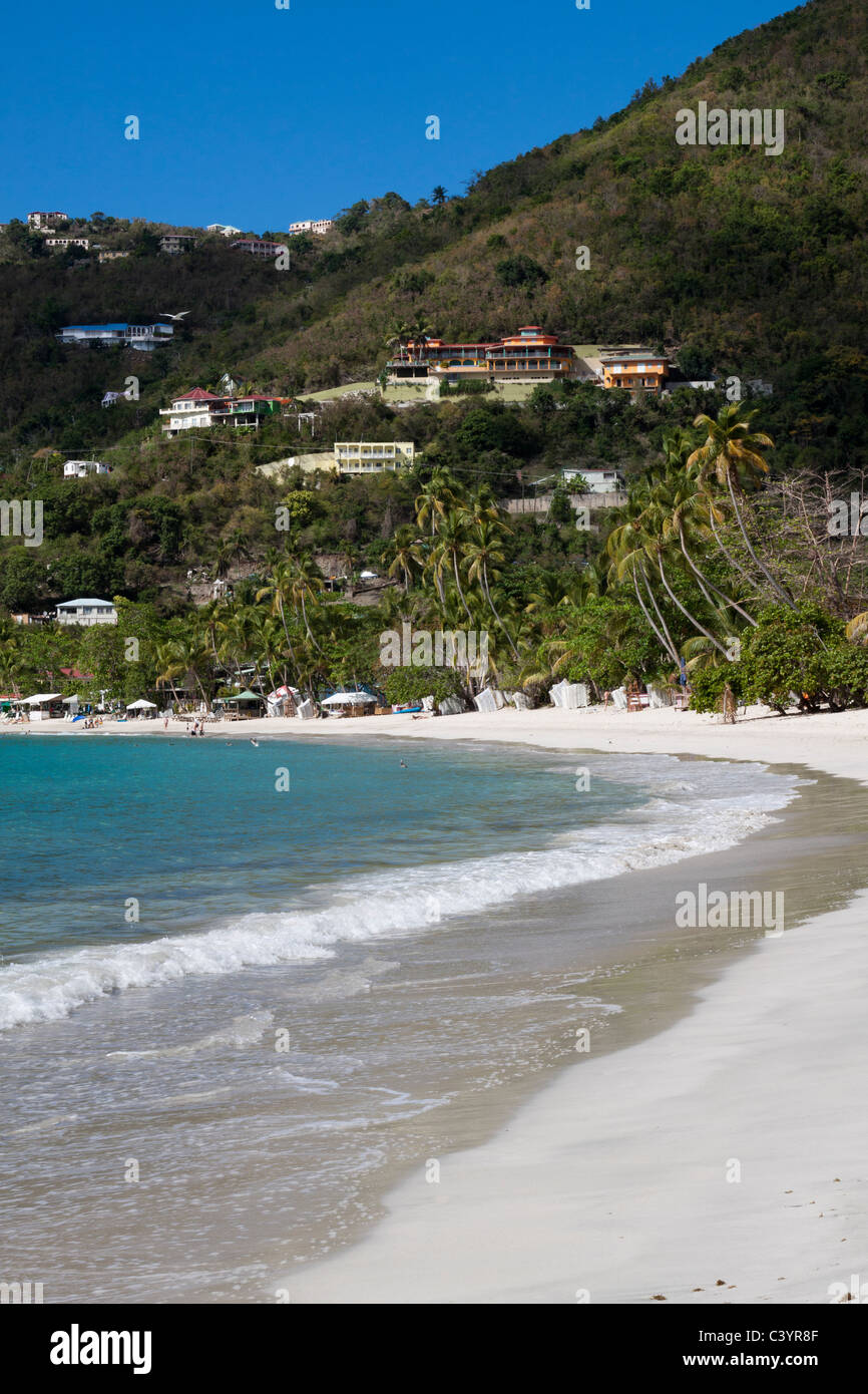 Idyllic scene of waves breaking on beach with palm trees and lovely hillside homes in Cane Garden Bay in British Virgin Islands Stock Photo