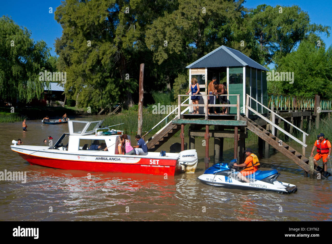 Ambulance boat on the Parana Delta at Tigre, Argentina. Stock Photo