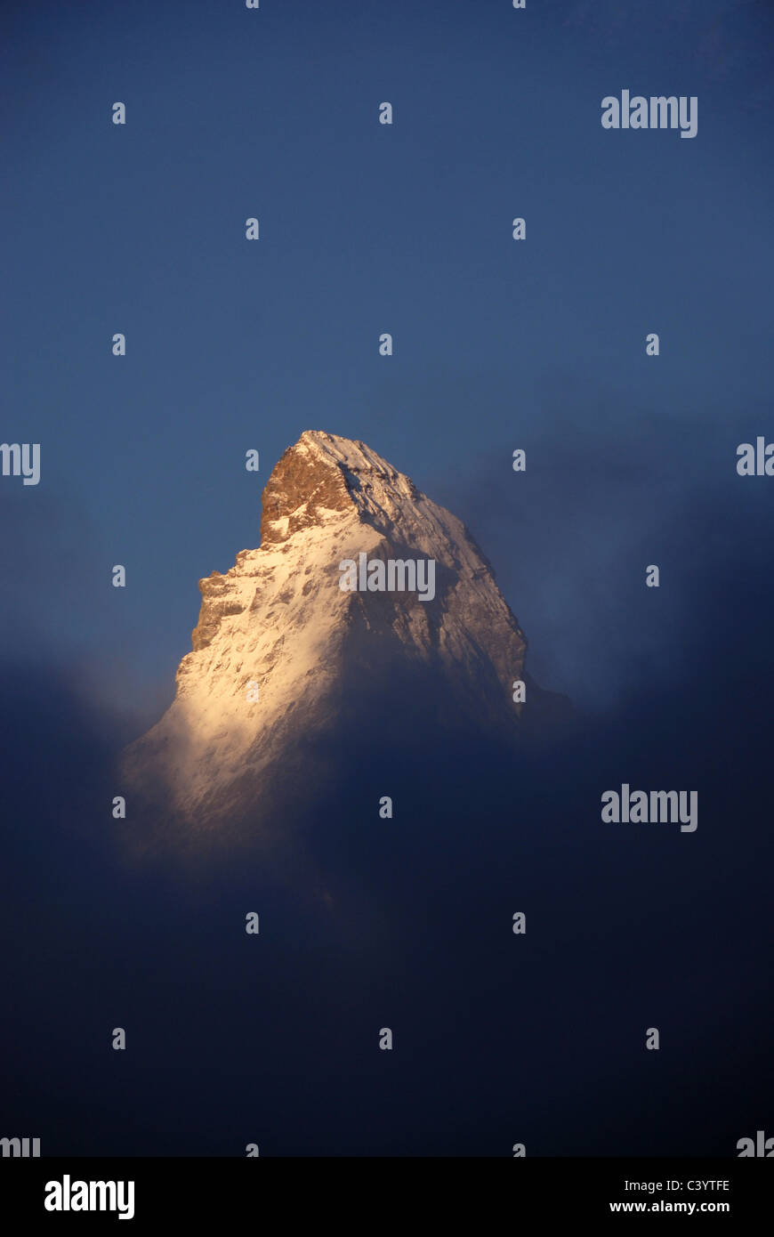 Matterhorn, Zermatt, Valais, mountain, mountains, sunrise, fog, Swiss, Alps, Switzerland, blue, sky, scenery, morning, mood, Alp Stock Photo