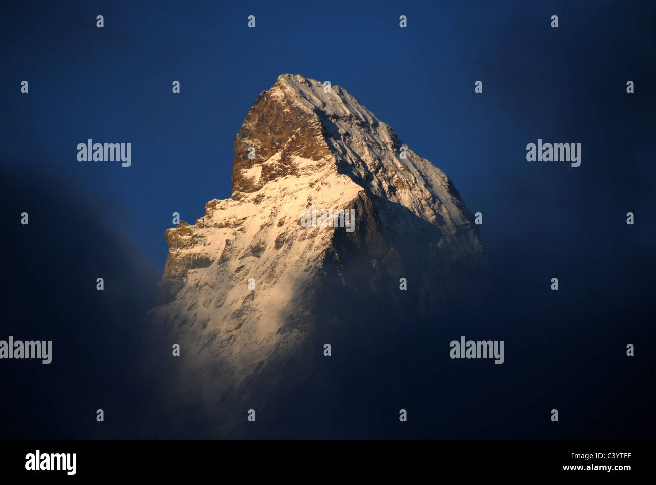 Matterhorn, Zermatt, Valais, mountain, mountains, sunrise, fog, Alps, Swiss, Switzerland, blue, sky, scenery, morning, mood, Alp Stock Photo
