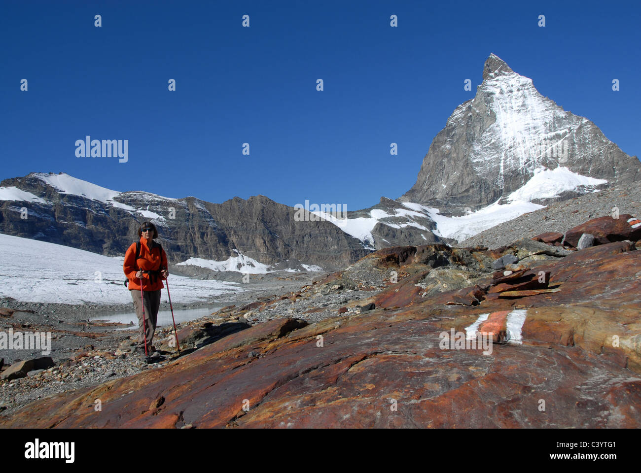 Matterhorn, Zermatt, Valais, mountain, mountains, walking, hiking, hiker, glacier, Alps, Swiss, Switzerland, blue, sky, scenery, Stock Photo