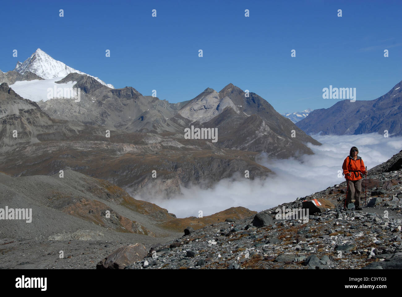 Matterhorn, Zermatt, Valais, mountain, hiker, woman, sea of fog, glacier, Alps, Swiss, Switzerland, blue, sky, walking, hiking, Stock Photo