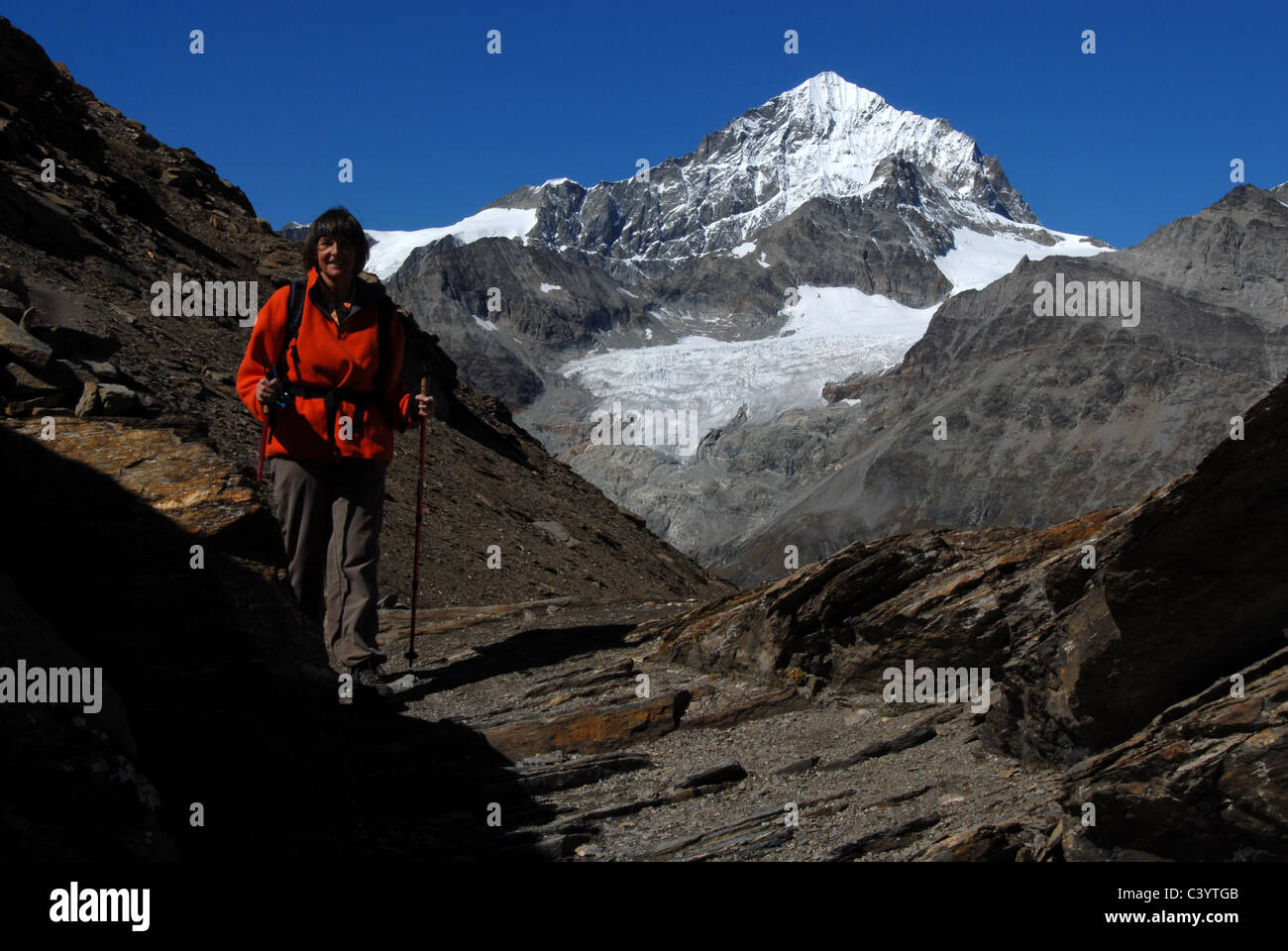 Matterhorn, Zermatt, Valais, mountain, hiker, woman, Hornli, hut way, Alps, Swiss, Switzerland, blue, sky, walking, hiking, moun Stock Photo