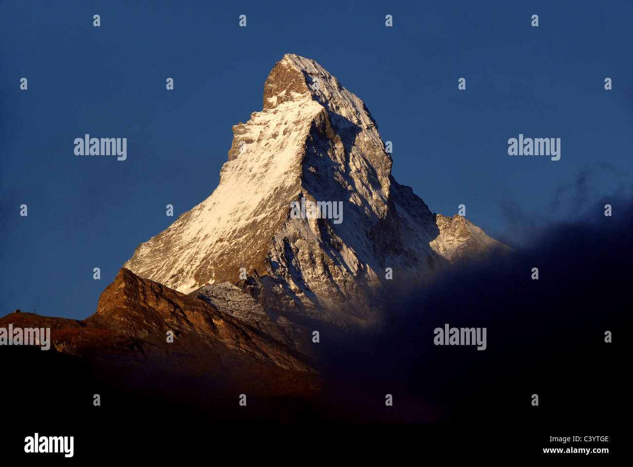 Matterhorn, Zermatt, Valais, mountain, mountains, morning, mood, fog, Alps, Swiss, Switzerland, blue, sky, scenery, sunrise, Alp Stock Photo