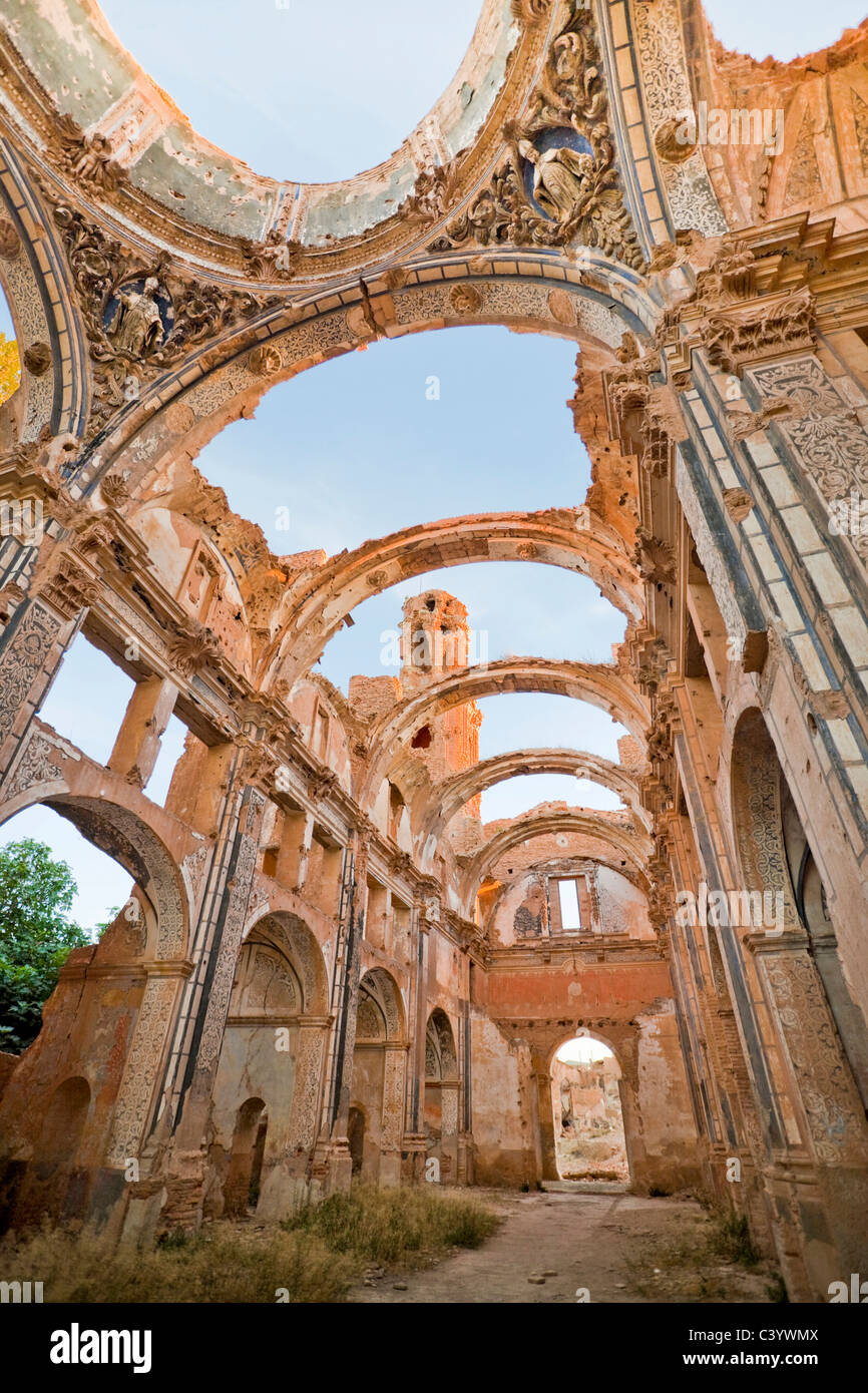 Spain, Europe, Aragon, Belchite, ecological, ruins, tower, rook, old, new Stock Photo