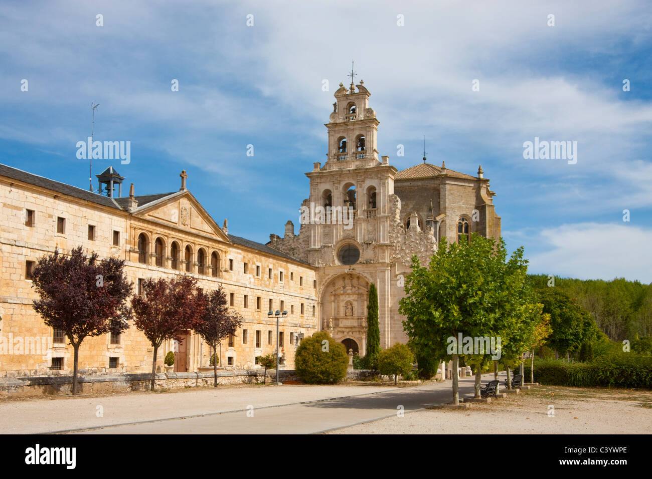 Spain, Europe, Castile Leon, cloister, monastery, La Vid, bell tower, belfry, religion Stock Photo