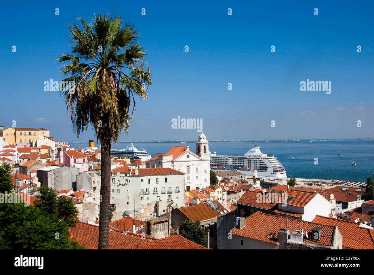 Portugal, Europe, Lisbon, Alfama, Old Town, roofs, sea, ships Stock Photo