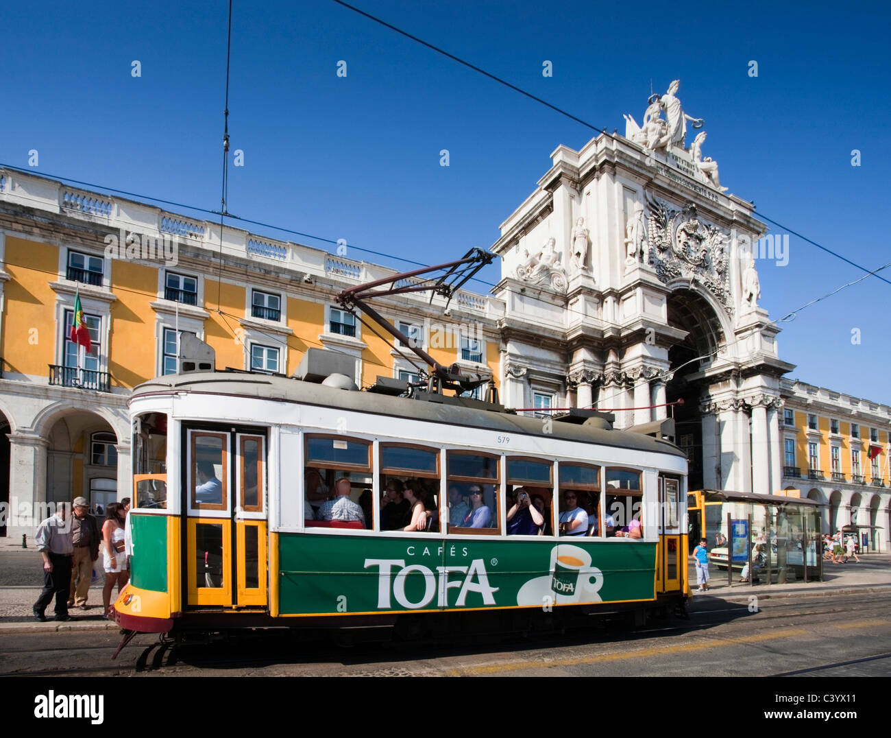 Portugal, Europe, Lisbon, Comerico, archway, tram, streetcar, streetcar, tourism, Stock Photo