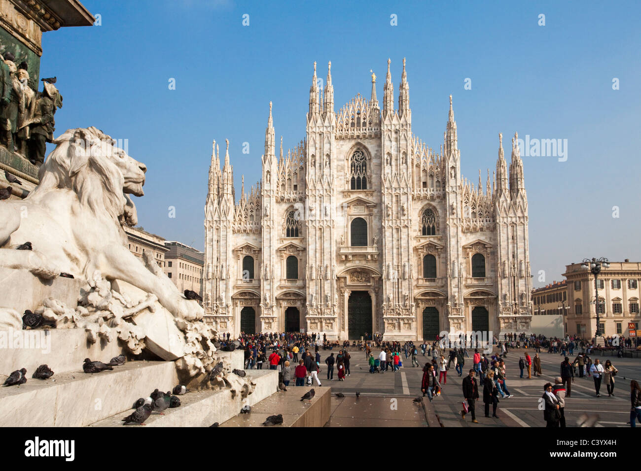 Italy, Europe, Milano, Milan, cathedral, dome, church, place, lion, statue, tourist Stock Photo