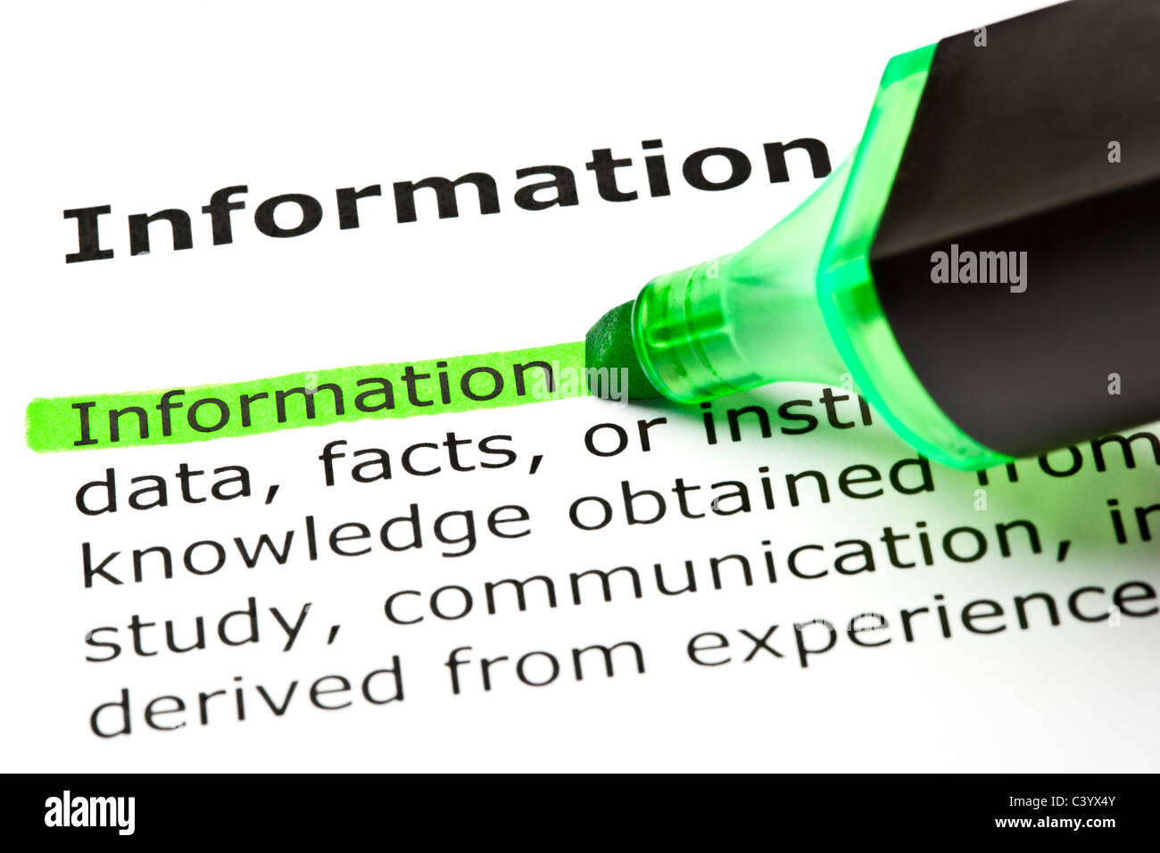The word 'Information' highlighted in green with felt tip pen Stock Photo
