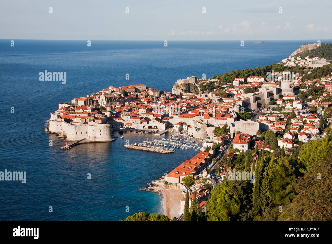 Croatia, Europe, Dubrovnik, Old Town, world cultural heritage, walls, roofs, harbour, port, Stock Photo
