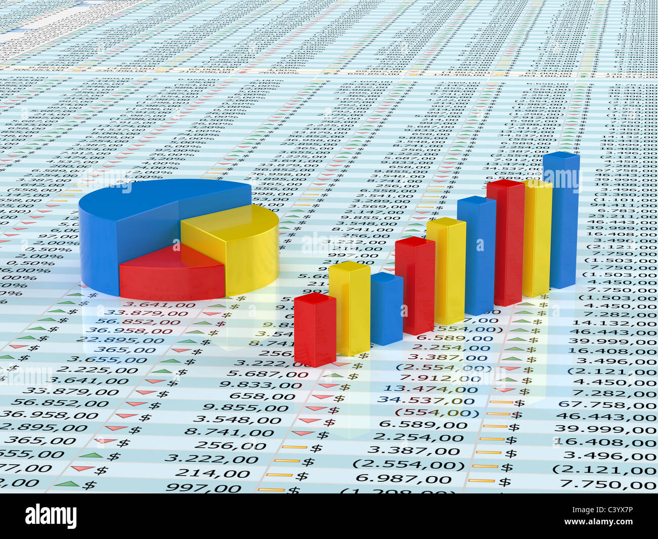 Spreadsheet with blue,yellow and red graph bars with numbers in background Stock Photo