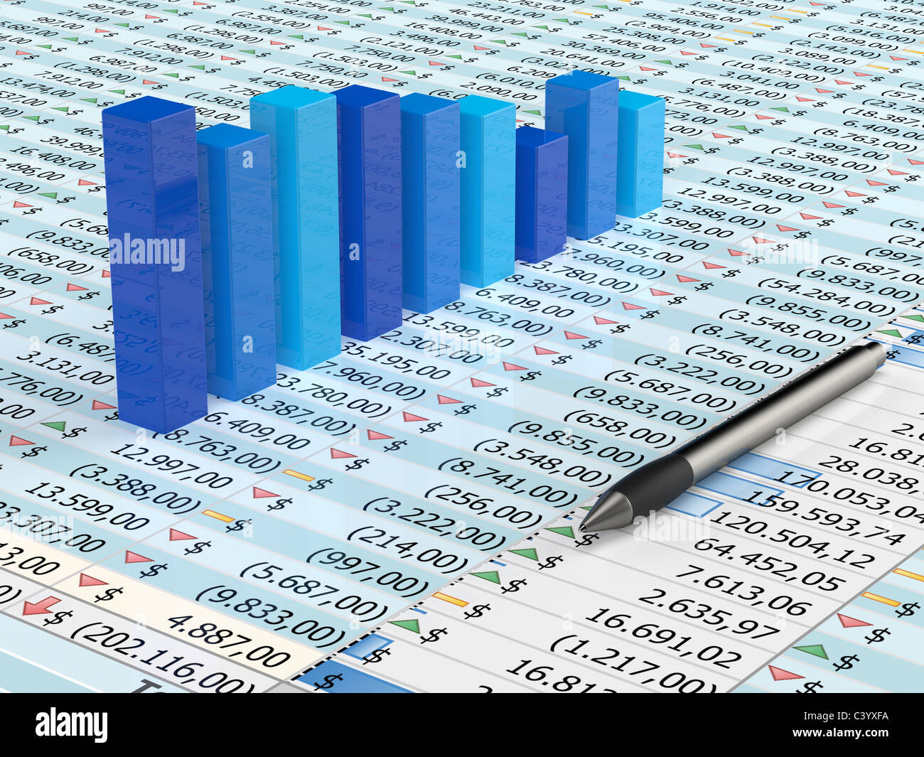 Spreadsheet with pen and blue graph bars with numbers in background Stock Photo