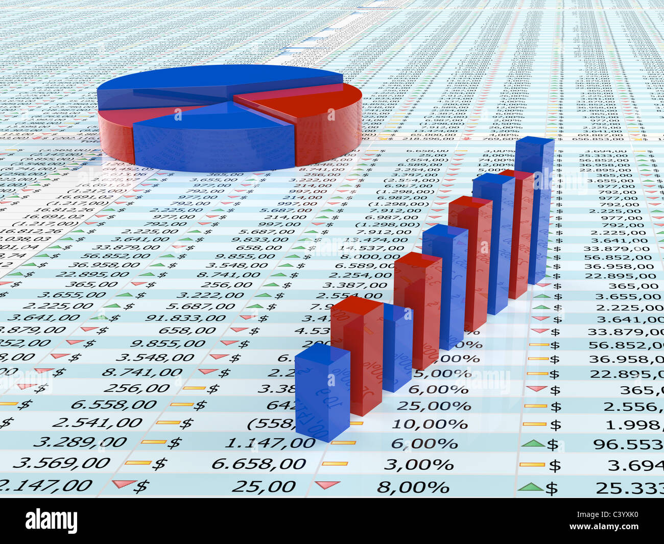 Spreadsheet with  blue graph bars with numbers in background Stock Photo