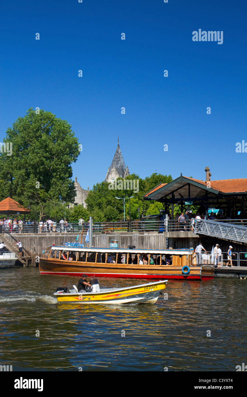 Vintage mohogany motorboat on the Parana Delta at Tigre, Argentina. Stock Photo