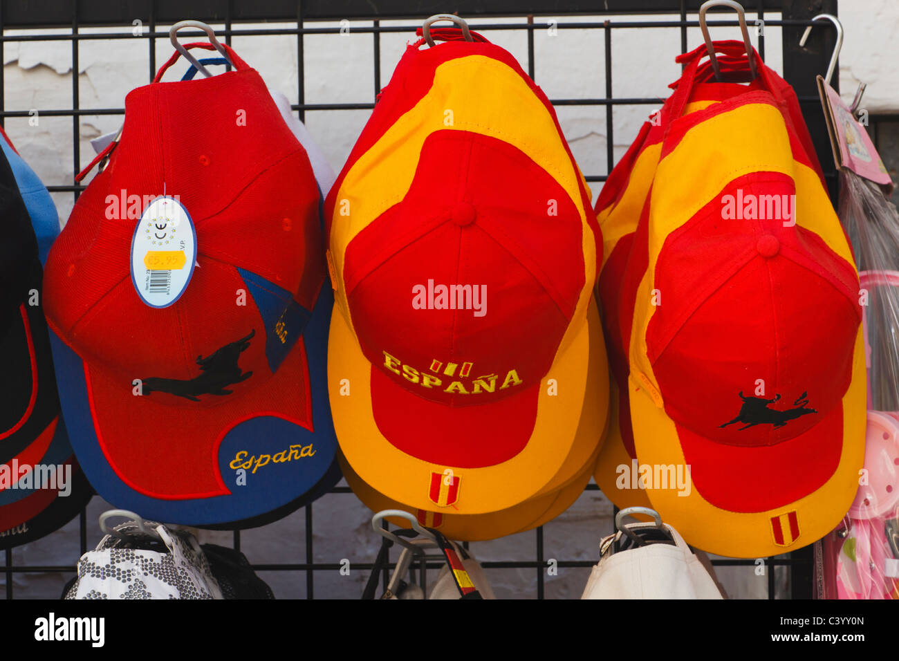 Spanish souvenir hats with word España,or Spain. Nerja, Malaga Province