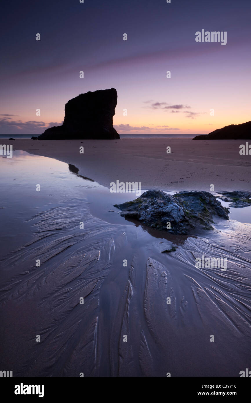 Twilight on the sandy beach at Bedruthan Steps, Cornwall, England. Spring (May) 2011. Stock Photo
