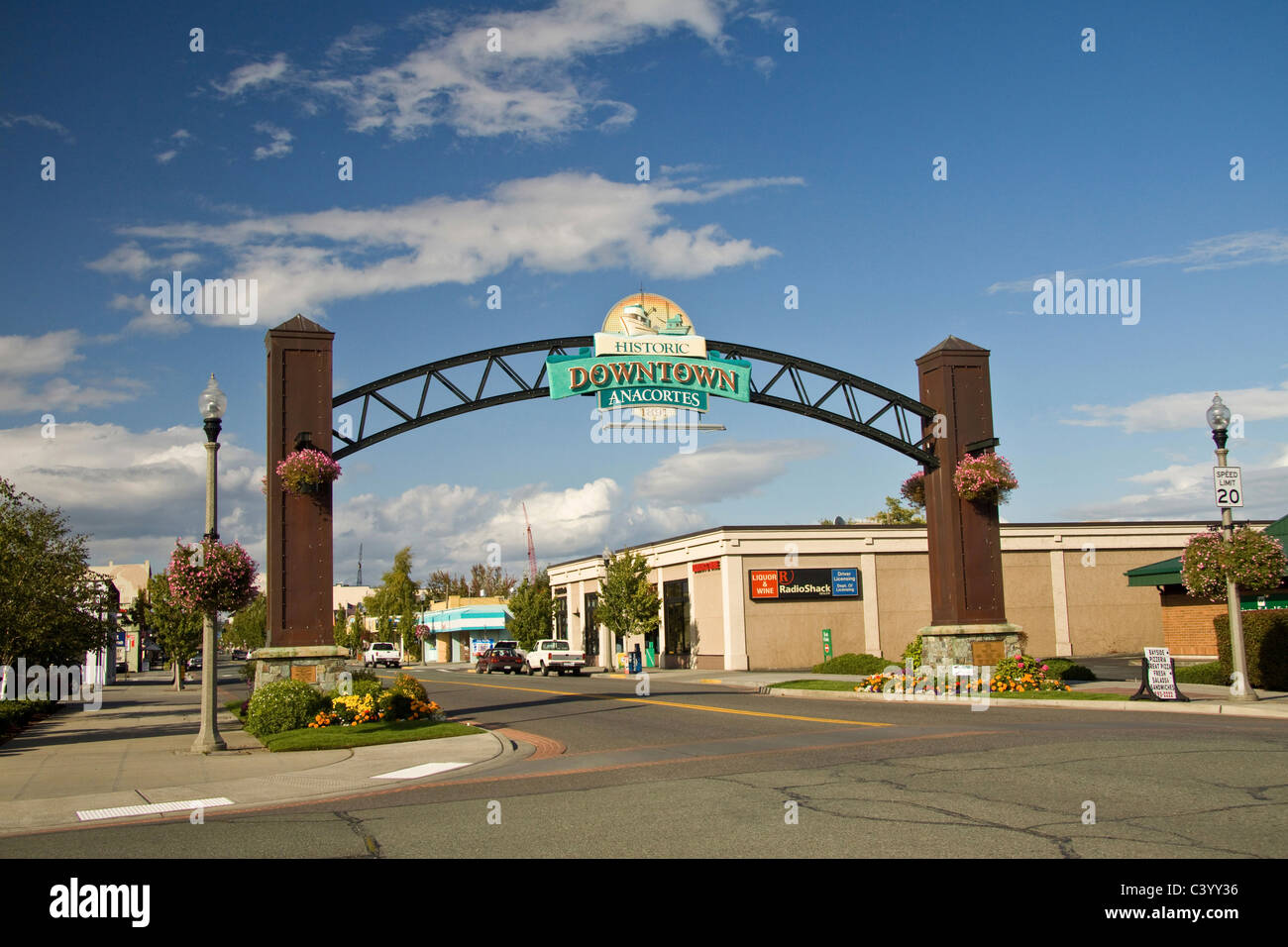 Sign at entrance to historic downtown Anacortes, Washington State Stock