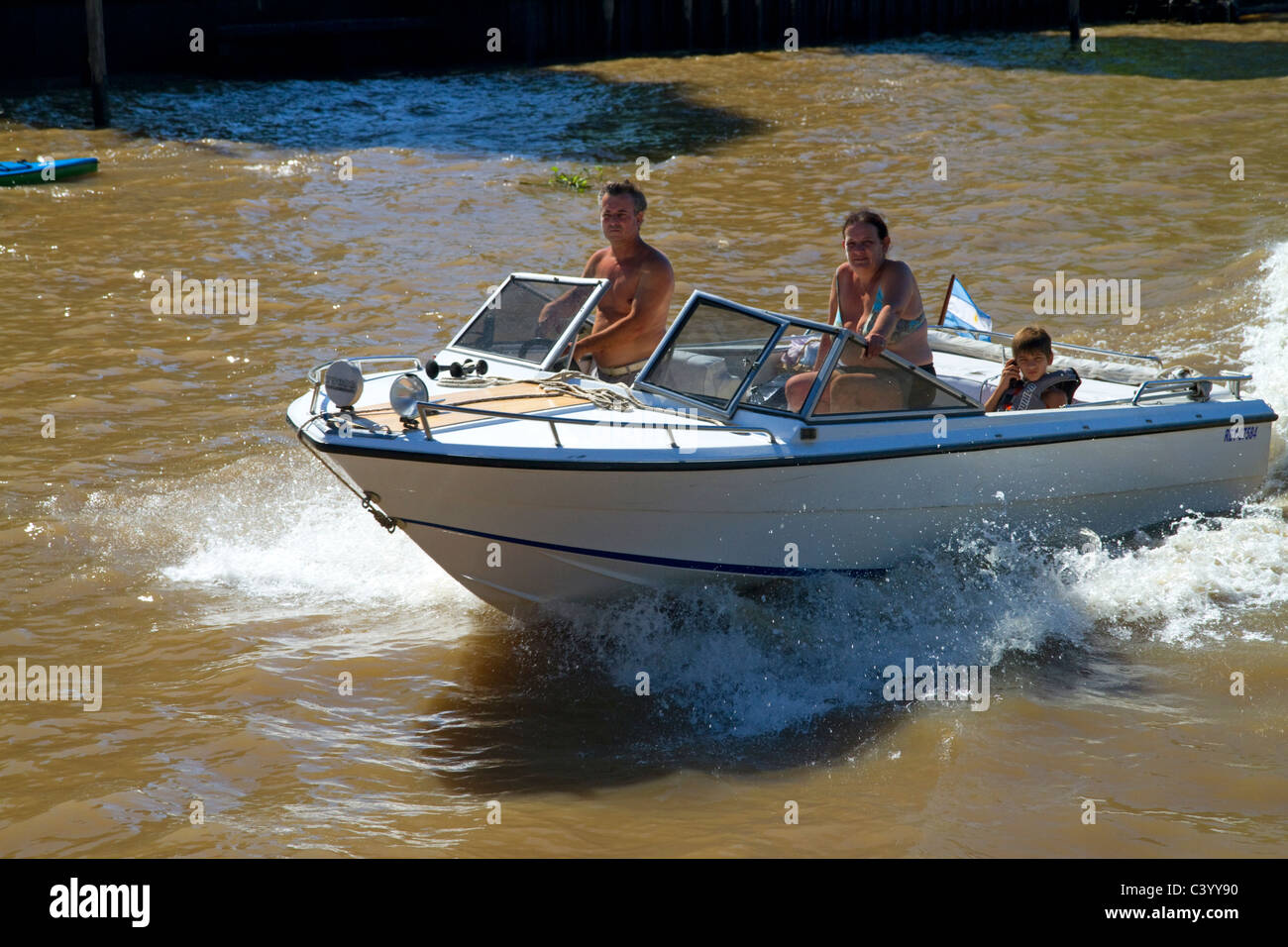 Motorboat on the Parana Delta at Tigre, Argentina. Stock Photo