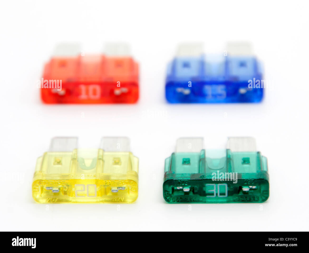 Colorful car fuses on white background Stock Photo