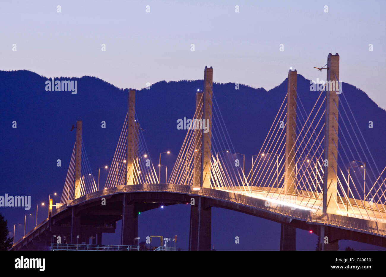 Structure of Golden Ears Bridge lit up at night. Coast Mountains behind Stock Photo Alamy