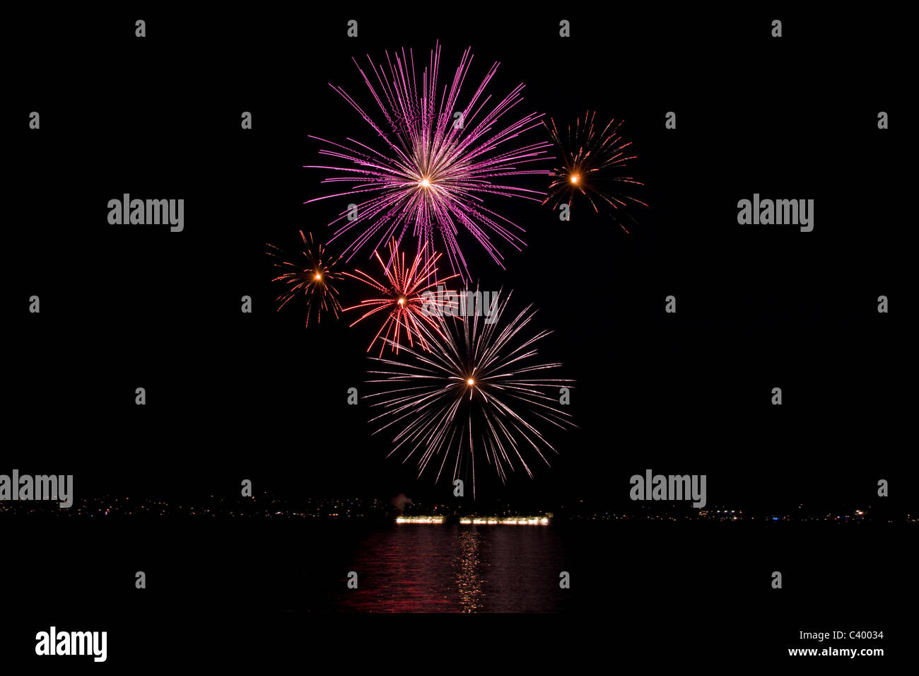 Fireworks during the Celebration of Light in English Bay, Vancouver. Stock Photo