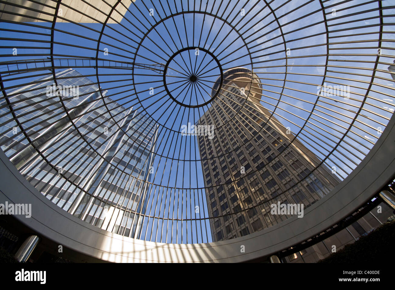 Looking up at Harbour Centre through glass domed roof, Vancouver, BC, Canada Stock Photo