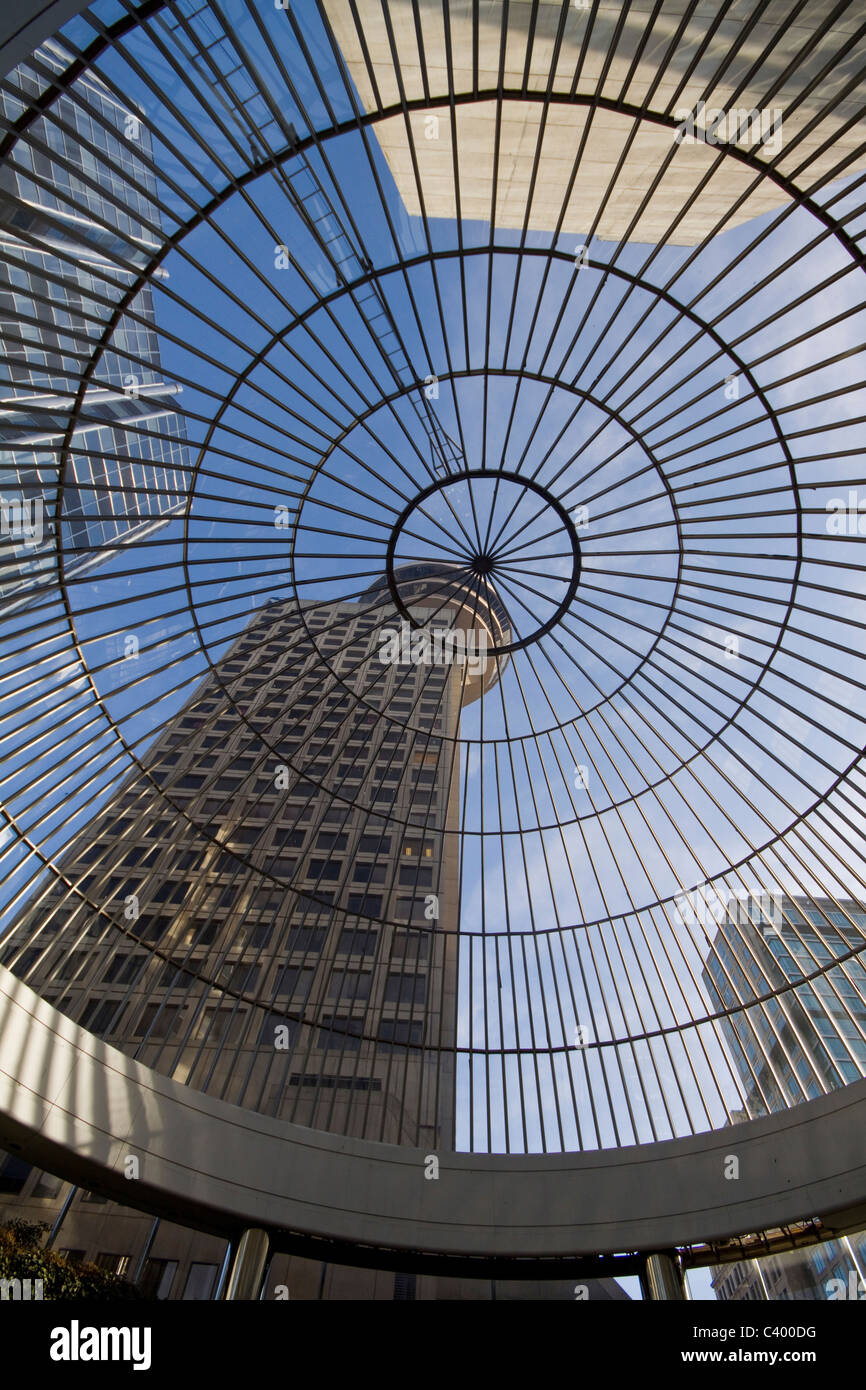 Modern architecture. Harbour Centre as seen through glass domed roof
