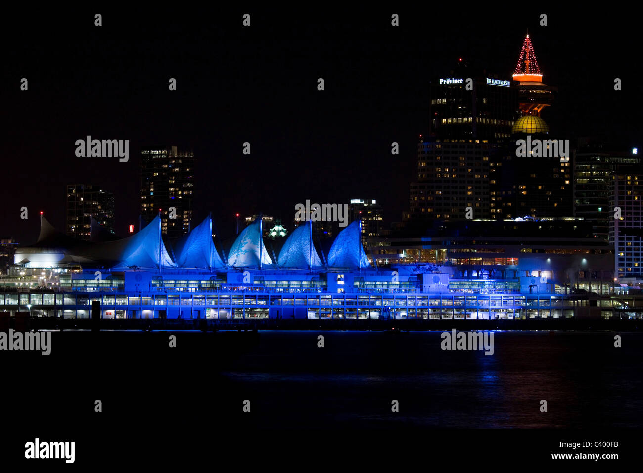 Beautifully lit Canada Place along the waterfront during the 2010 Winter Olympic Games, Vancouver, Canada Stock Photo