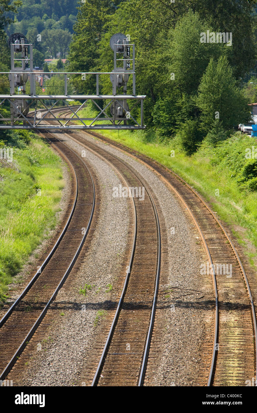 Curved train tracks and signalling system Port Moody, BC, Canada. Stock Photo