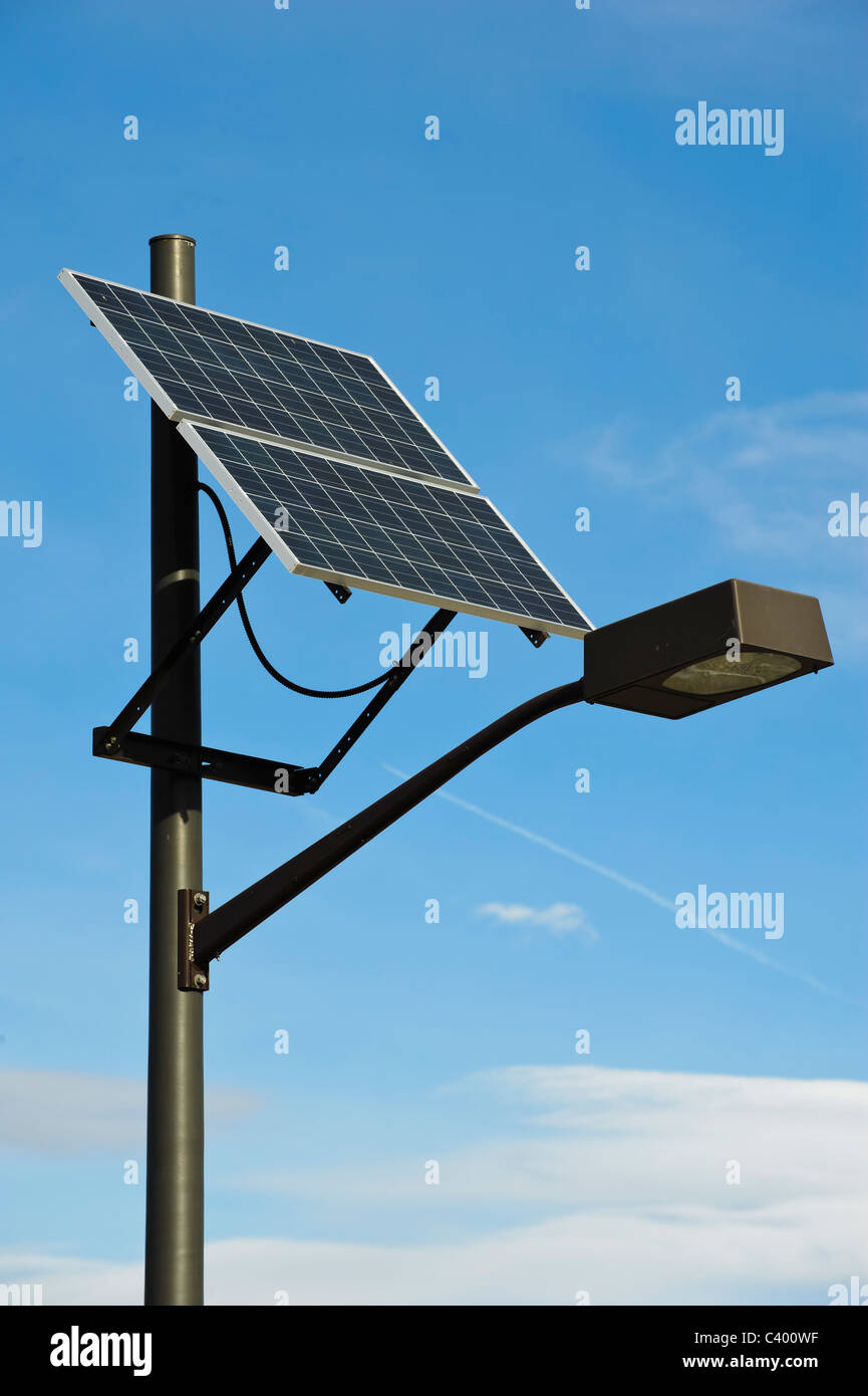 Outdoor lighting is powered by solar panels at the Fire Sciences Laboratory in Missoula, Montana. Stock Photo