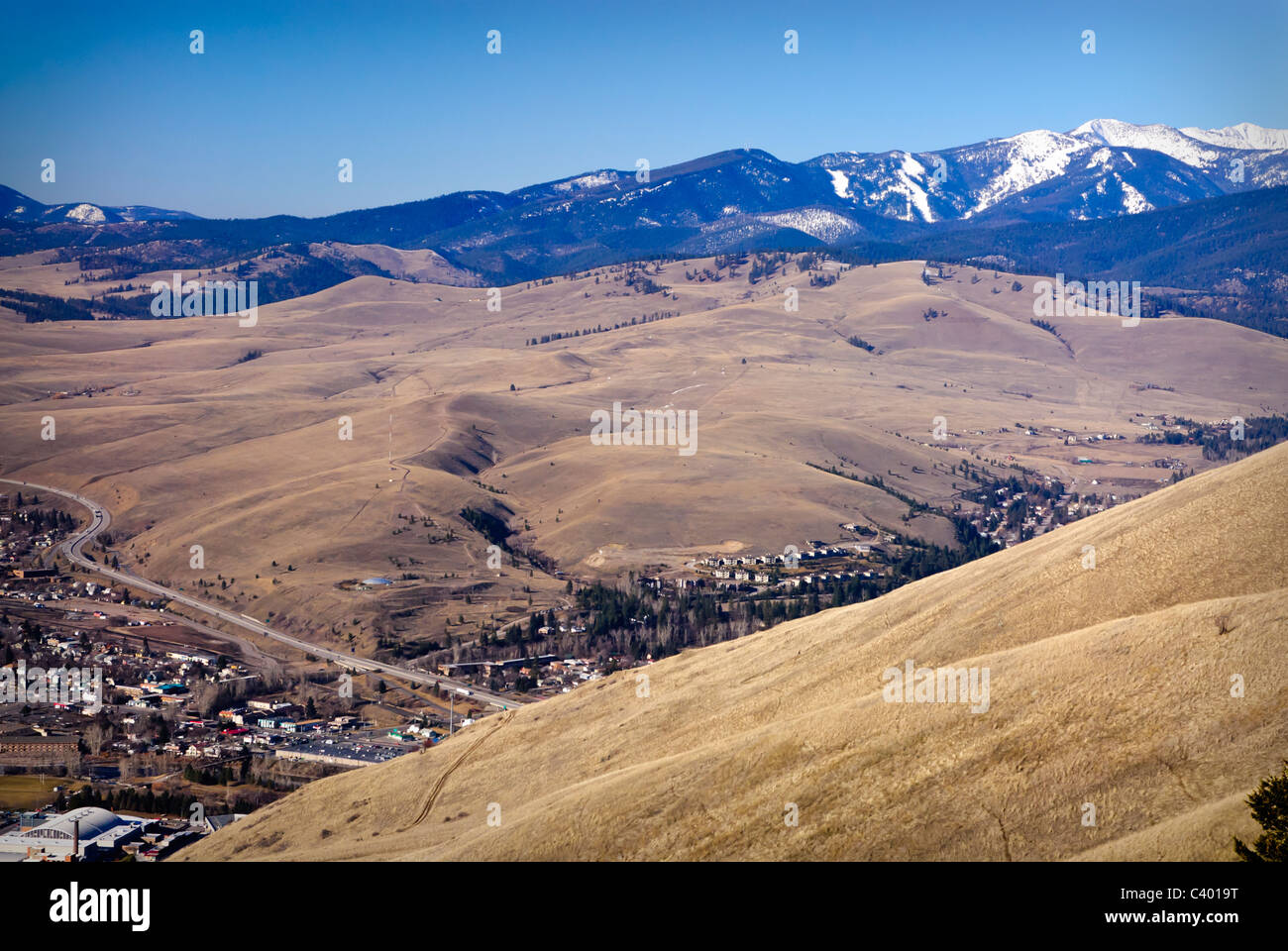 View of Missoula, Montana from Mount Sentinel. Missoula is often called the Garden City for its trees and green landscapes. Stock Photo