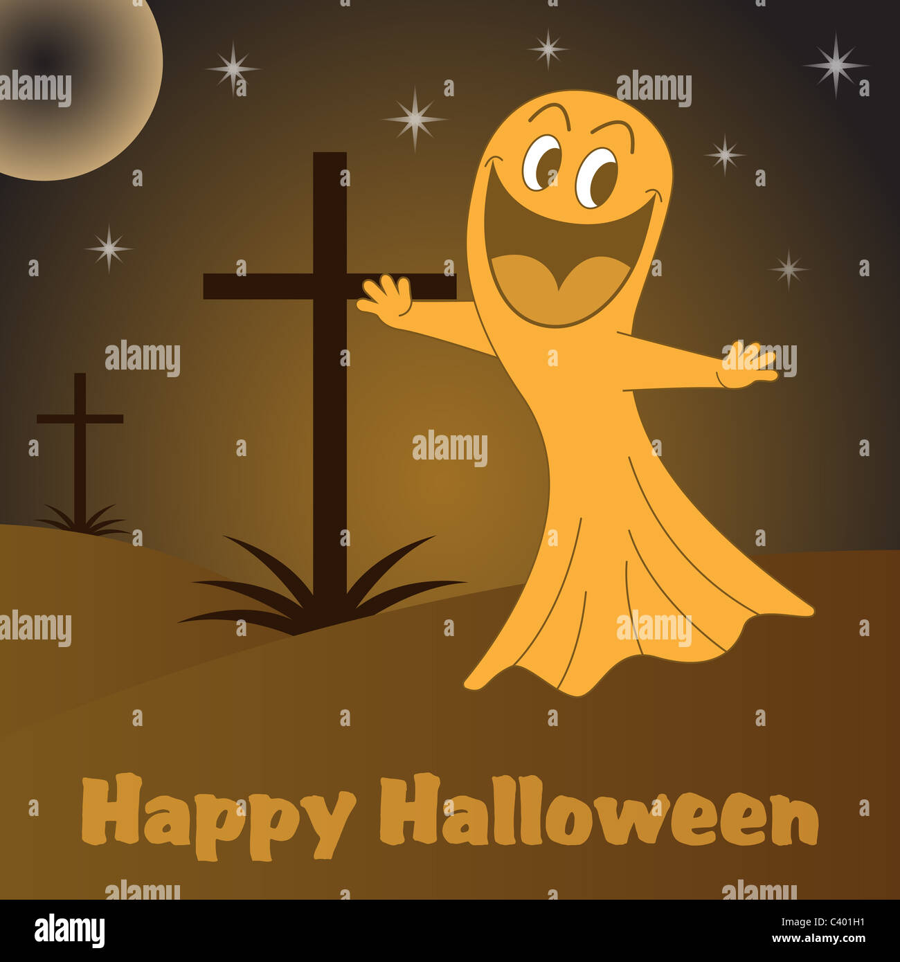 Halloween ghost cartoon character in a graveyard with crosses at night. Stock Photo