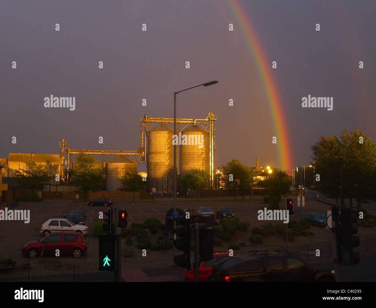 storm, bad weather,dramatic weather,rainbow, industry, mill Stock Photo
