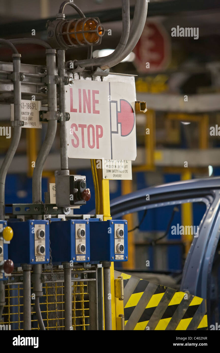 Emergency Stop Button on Auto Assembly Line Stock Photo