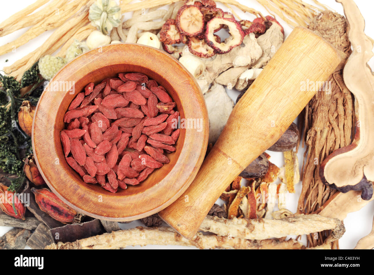 Traditional Chinese medicine tool with medicine. Stock Photo